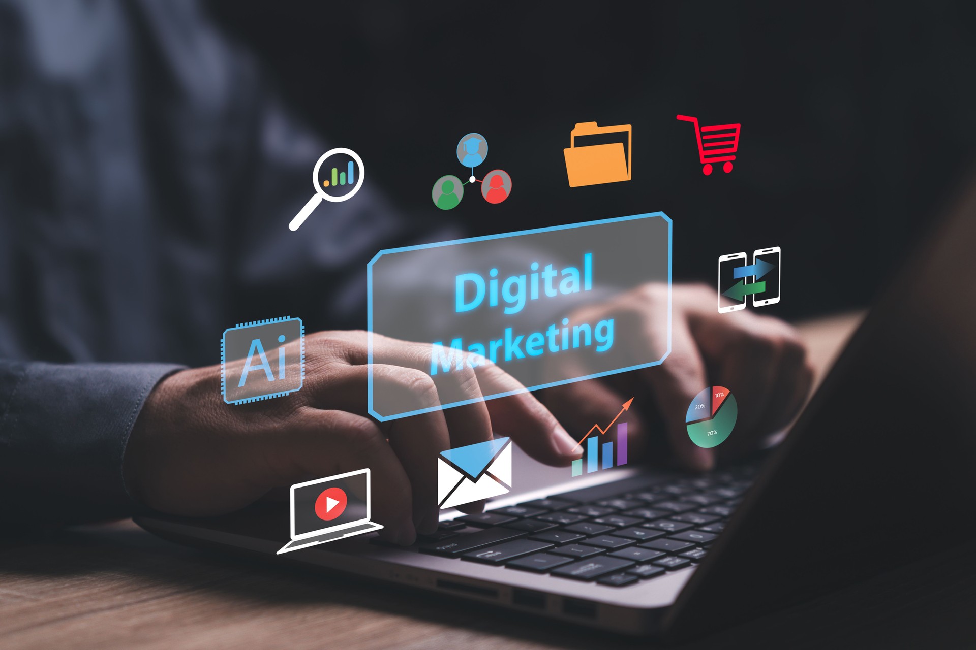 Digital marketing commerce online and AI technology engines for business concept, Businessman use the laptop plan digital marketing, digital channels search engines, social media, email, smartphone